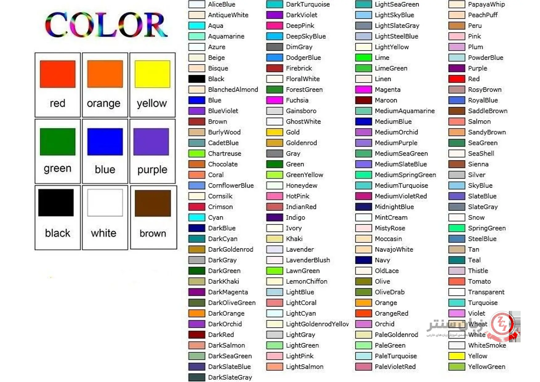 لیست تمام رنگ ها به انگلیسی